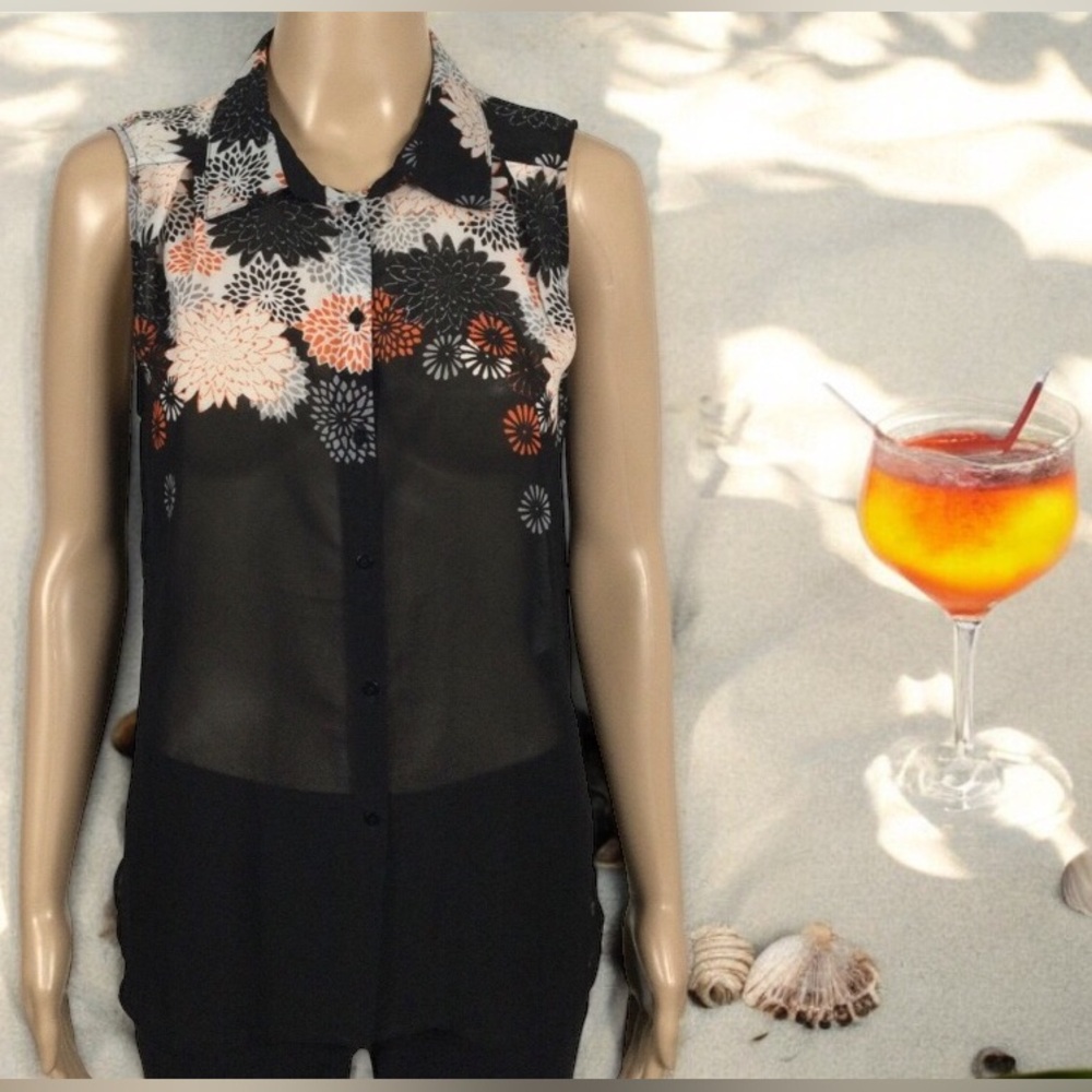 H&M Sleeveless Floral On Black Motif Hi-Lo Blouse